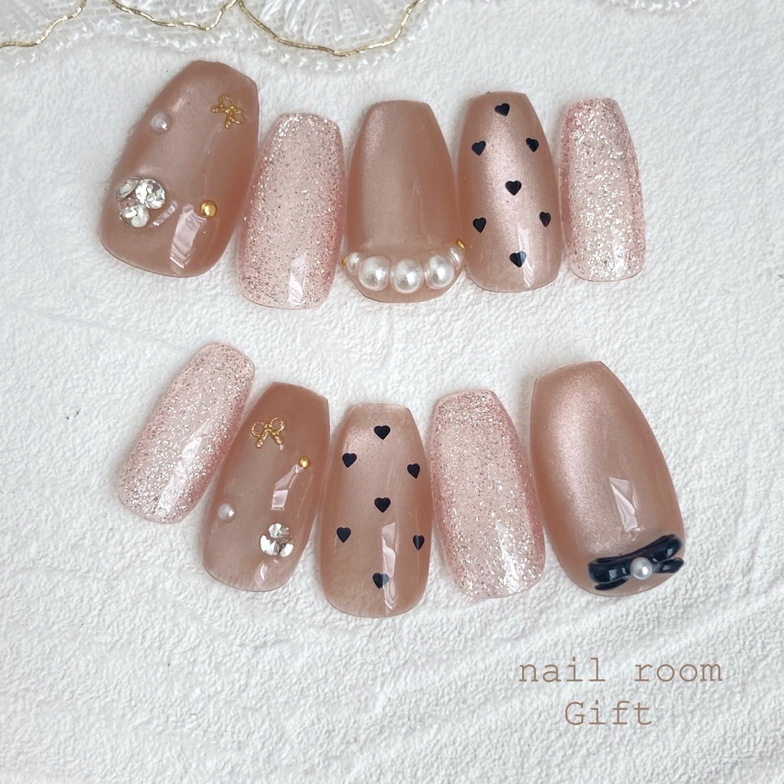 🤎Kira Kira Mag Adult-Cute Nail Heart Dot Bijou Nail Tip Sparkly Magnet Nail Ribbon Pearl