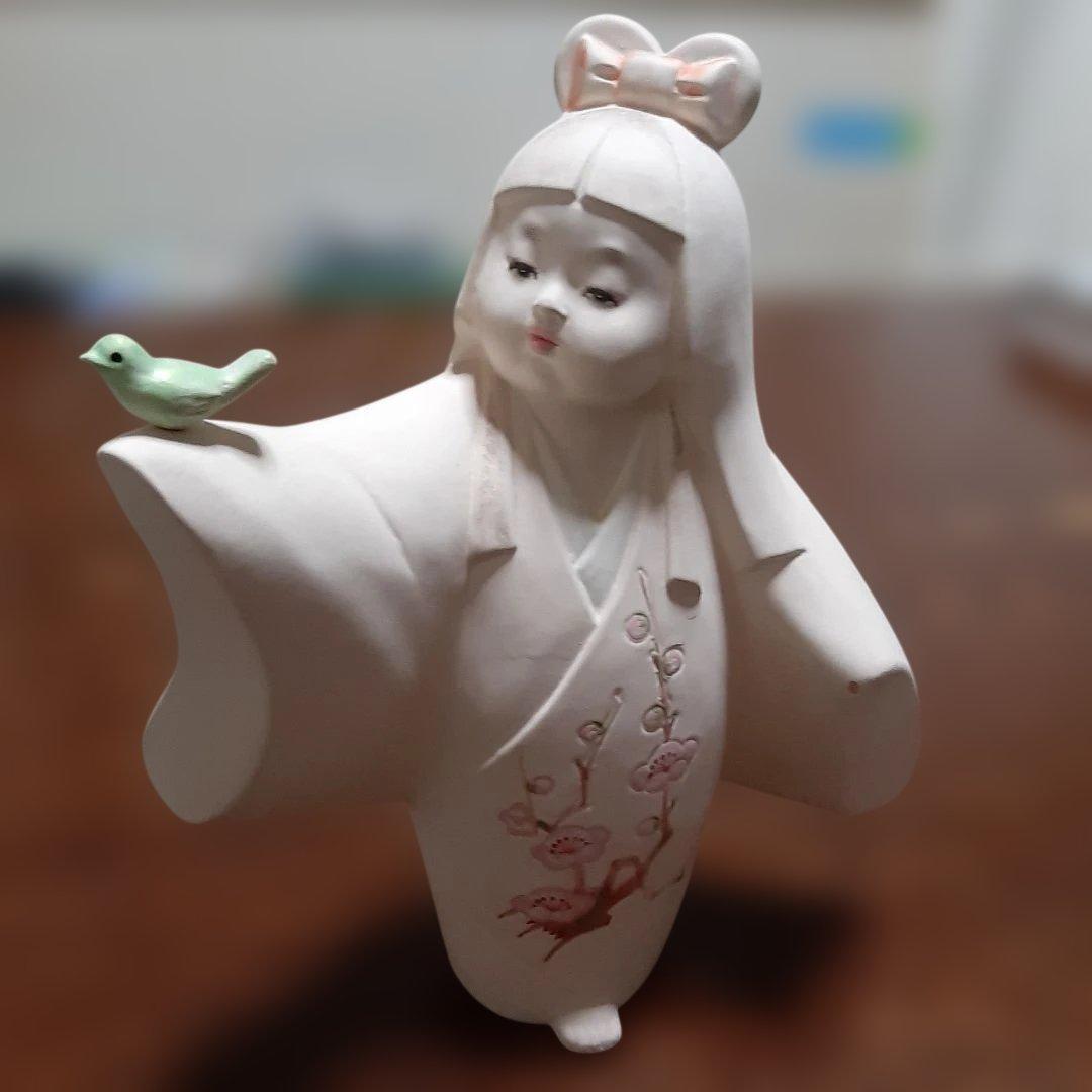 Ceramic Figurine Ornament: Little Bird and Girl, Hakata Doll