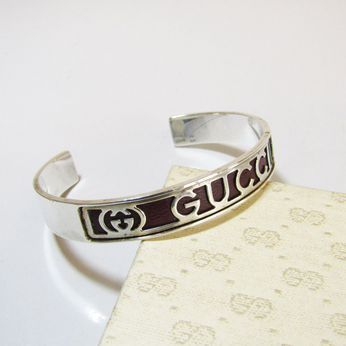 OLD GUCCI wine red leather logo vintage silver 925 bangle