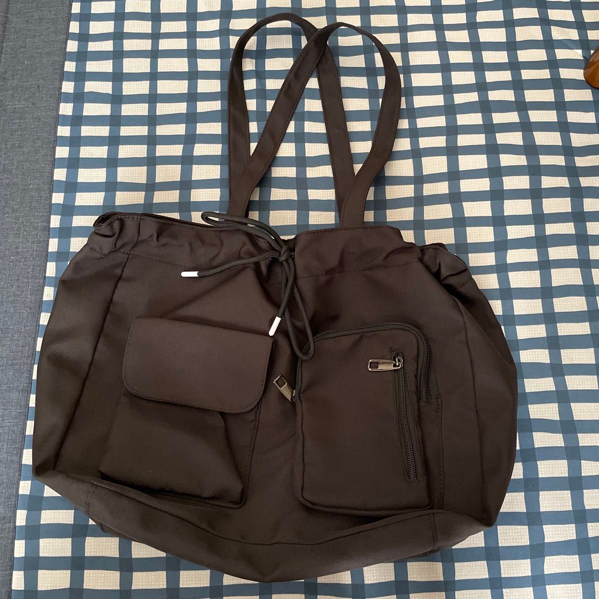 Nylon Tote Bag Shoulder Bag Black Drawstring Lightweight