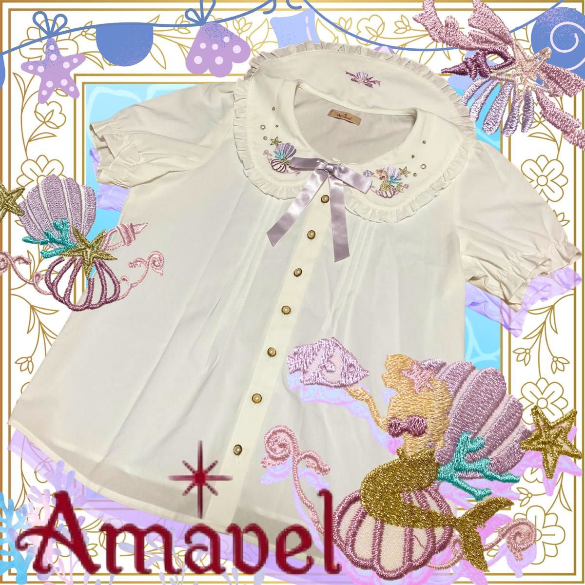 Amabel/美人鱼刺绣短袖衬衫/小美人鱼/amabel/量产型地雷系/洛丽塔/夏装/少女风/丝带别针/白色贝壳衬衫