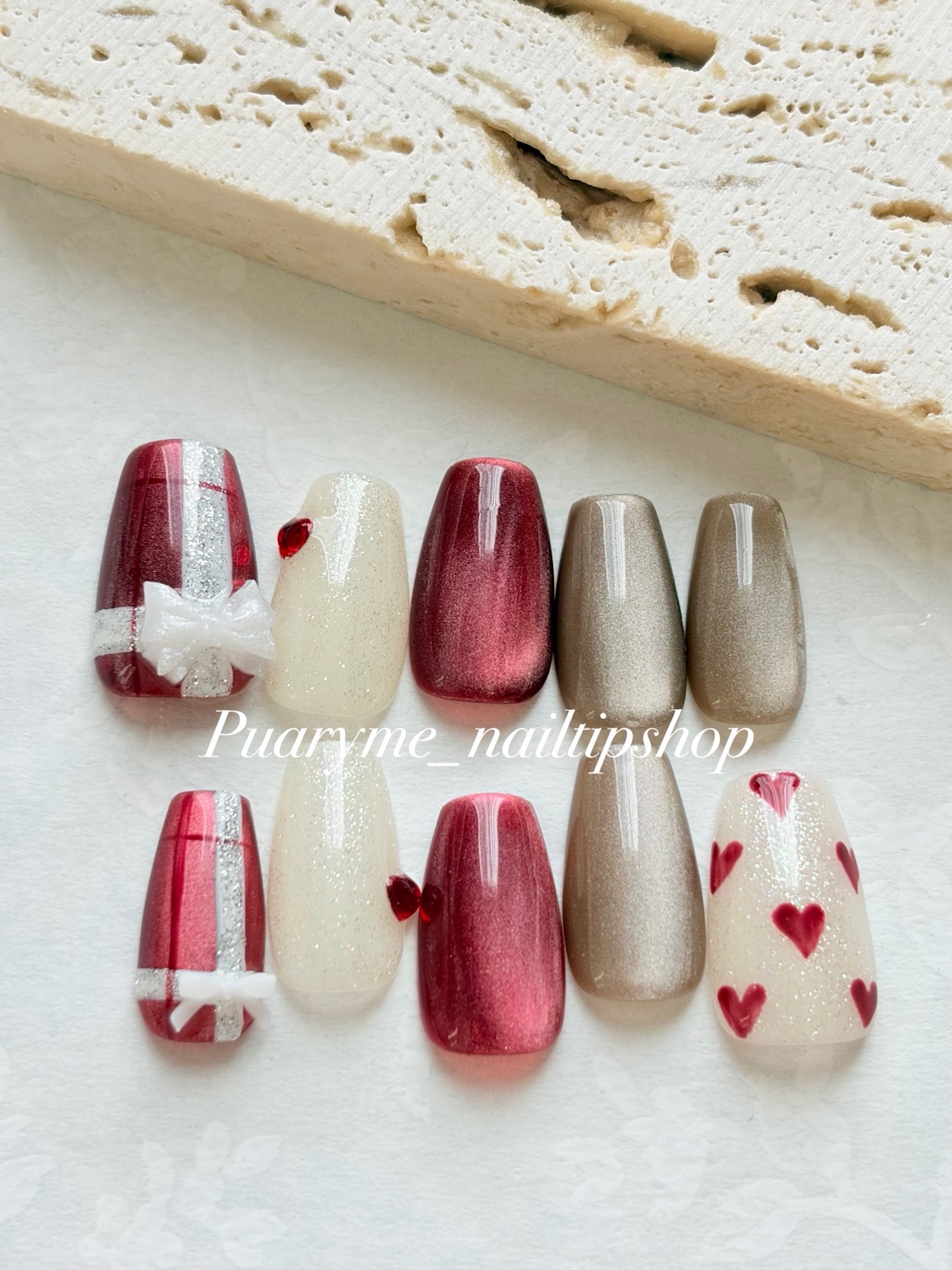[Custom Size/In-Stock Item] Nail Tips Christmas Valentine's Day Burgundy Magnet Ribbon Heart Gift Check