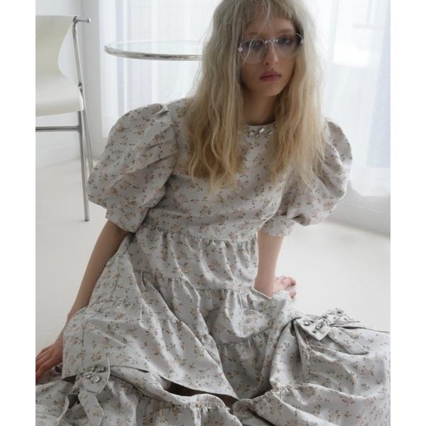 连衣裙短袖floral jacquard bijou puff mini one-piece