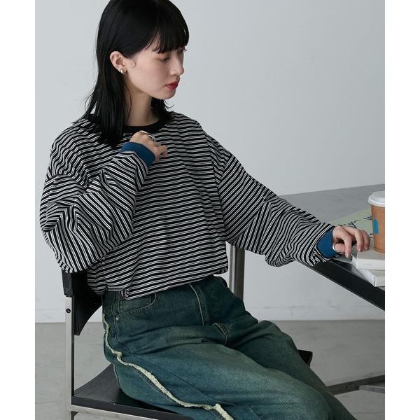 tシャツ 「forksy.」「エブリデイシリーズ」配色リブオーバーサイズカットソー/ボーダー・無地 レディース