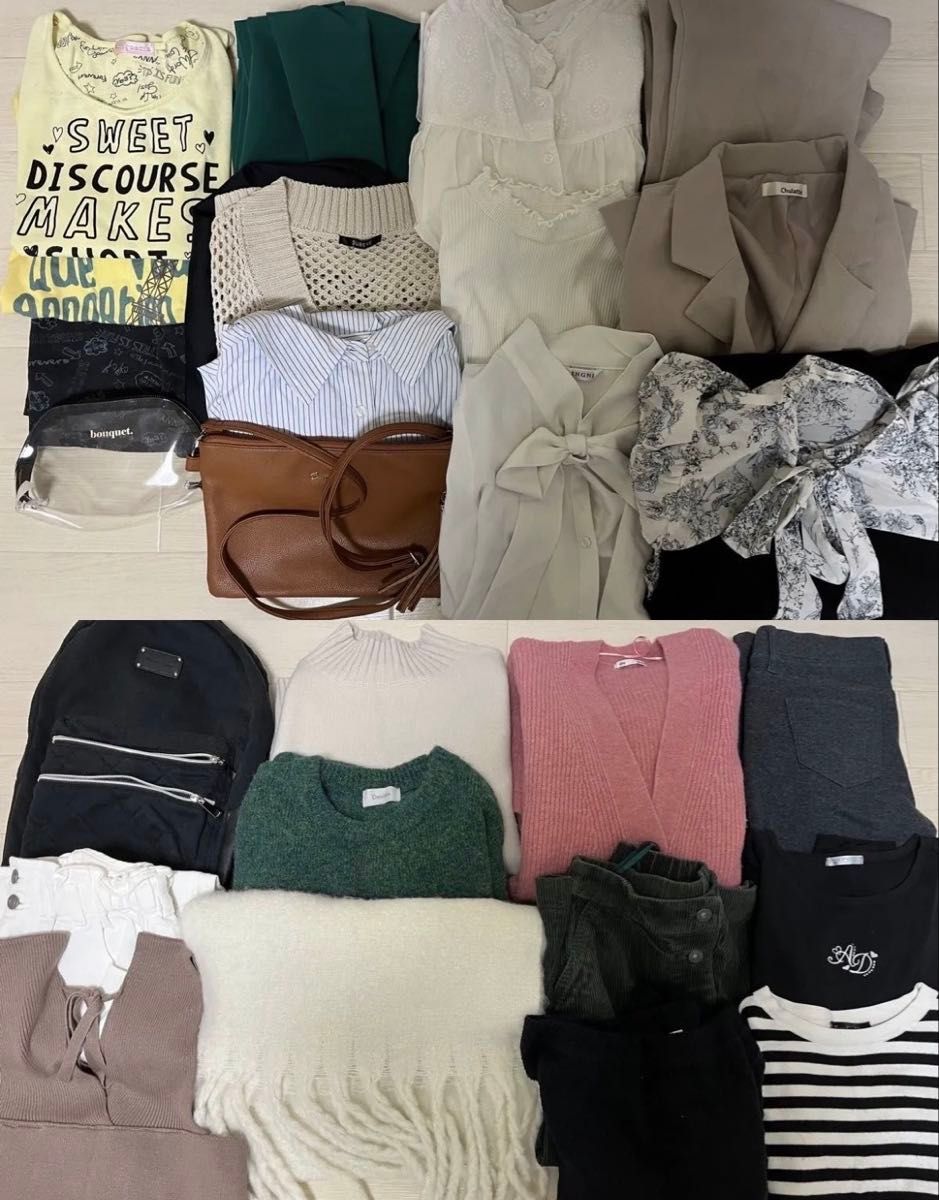 Women’s clothing: tops, skirts, dresses, and set-ups—27 items in total. Also includes fashion backpacks, scarves, knits, and sweaters.