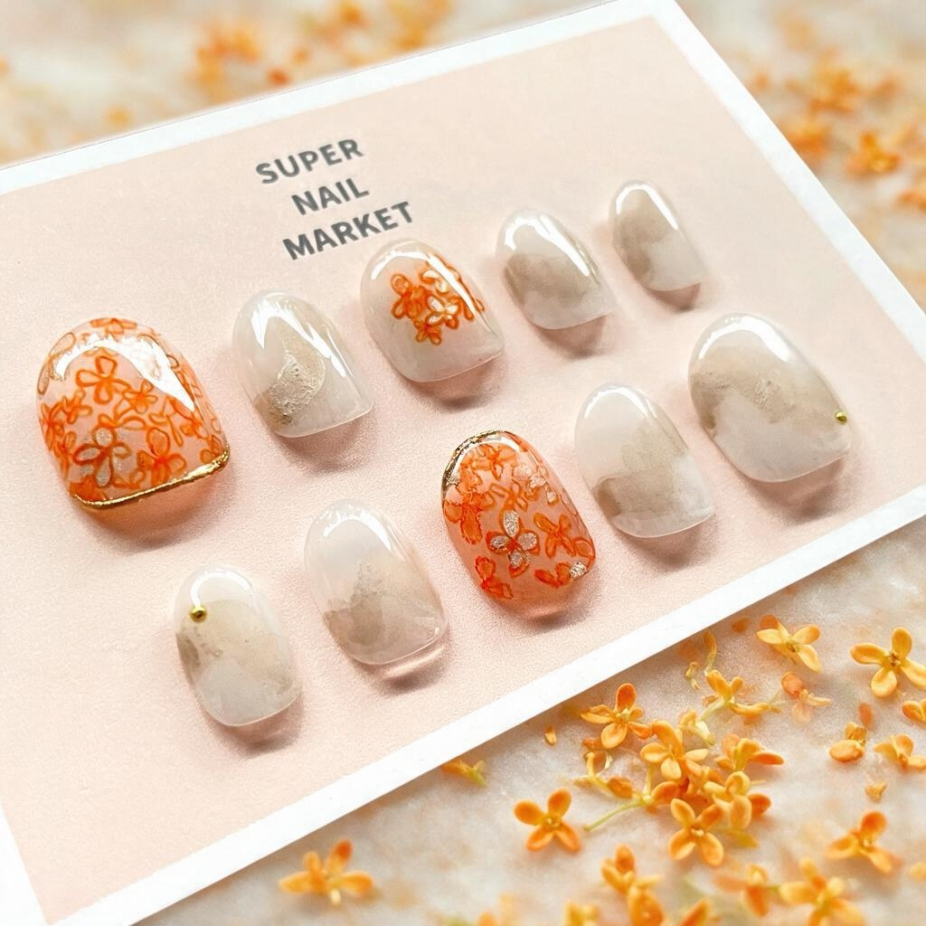 Golden Olive Nail | Autumn Flower Hand-Painted Nuance Nail Tips / M Size Ships Within 3 Days / Custom Sizes Available: Free Shipping