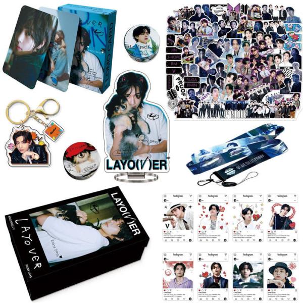 V Goods Layover Gift Box Photo Card Teetee Tape Set, BTS V Taehyung Keyring Strap Sticker Set