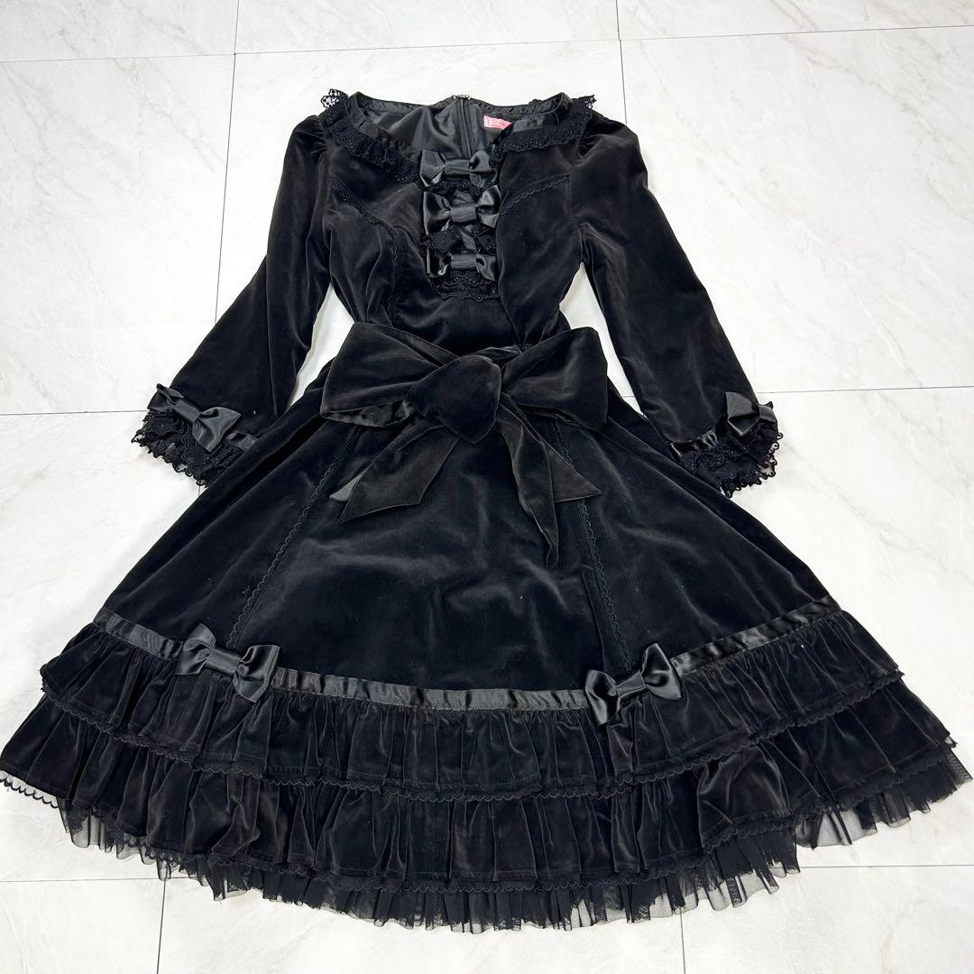 品相极佳 Angelic Pretty 特别款 绒面丝带连衣裙 黑色