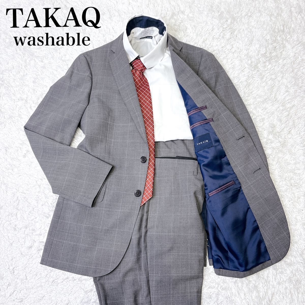 タカキュー メンズスーツ セットアップ 上下 グレーチェック柄 A6 175cm前後