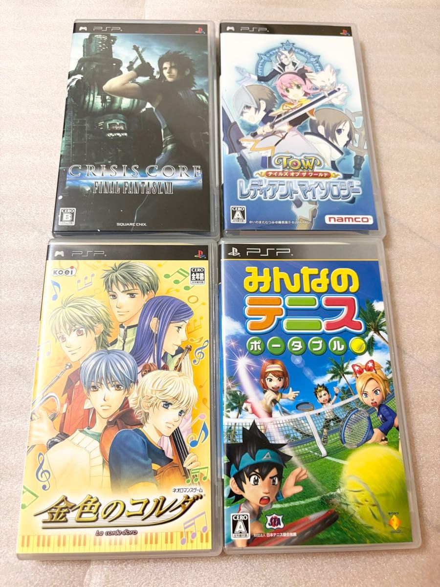 PSP Software 4-Game Set: Crisis Core, Koihime Musou (Kin'iro no Corda), Tales of Series, Everybody's Tennis - Excellent Condition