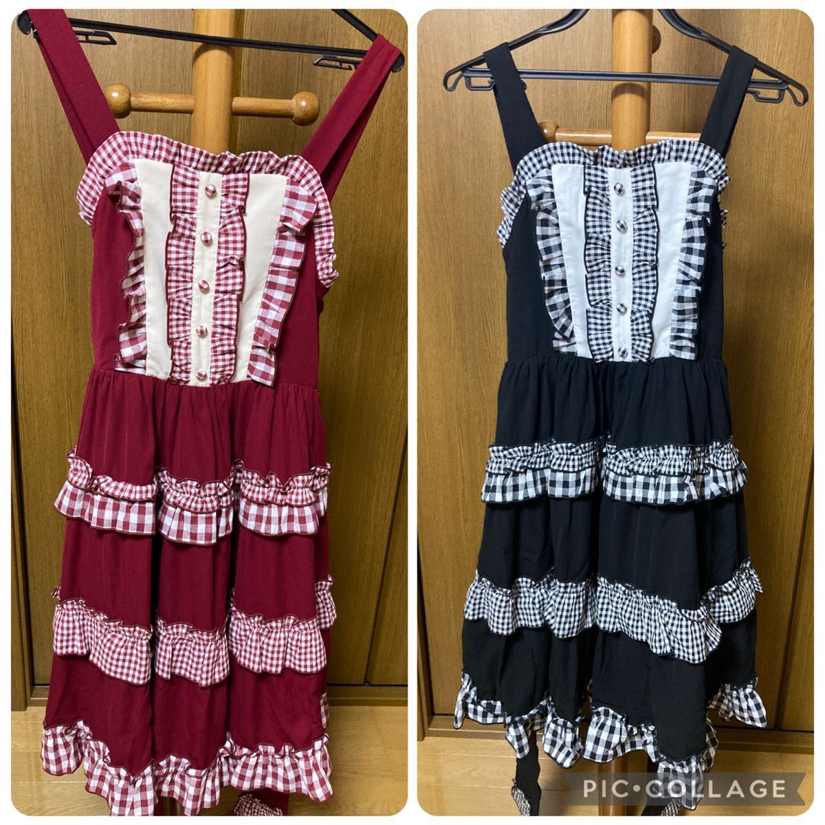 Axes Femme Kawaii 乡村格纹半身裙套装 红色、黑色 两件装 Axes Gingham Check 层叠设计