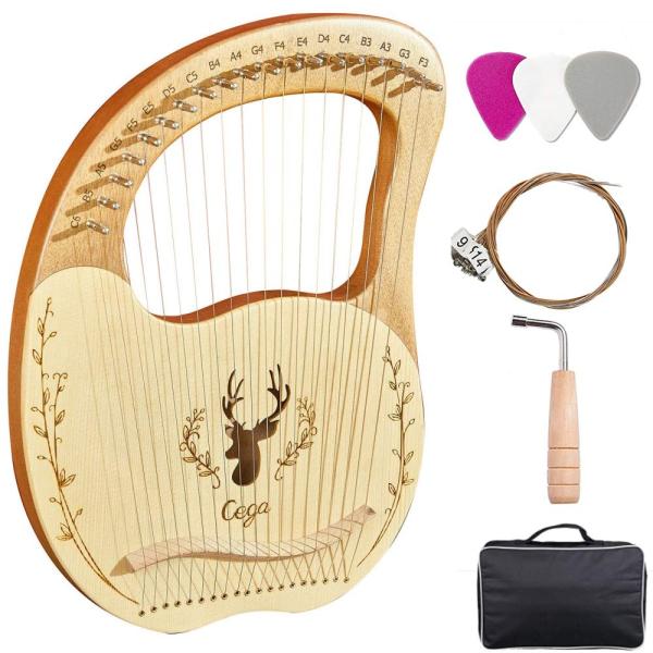 19-String Lyre Harp Wooden Zither String Instrument Metal Strings Soothing Compact Mahogany Solid Wood String Instrument Tuning Portable for Beginner Music Enthusiasts