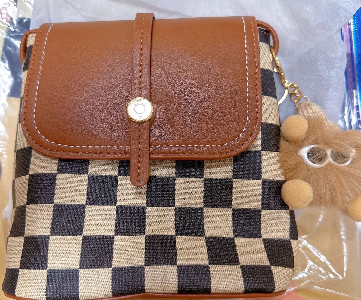 Checkered Mini Shoulder Bag, Brown, with Smartphone Holder and Charm