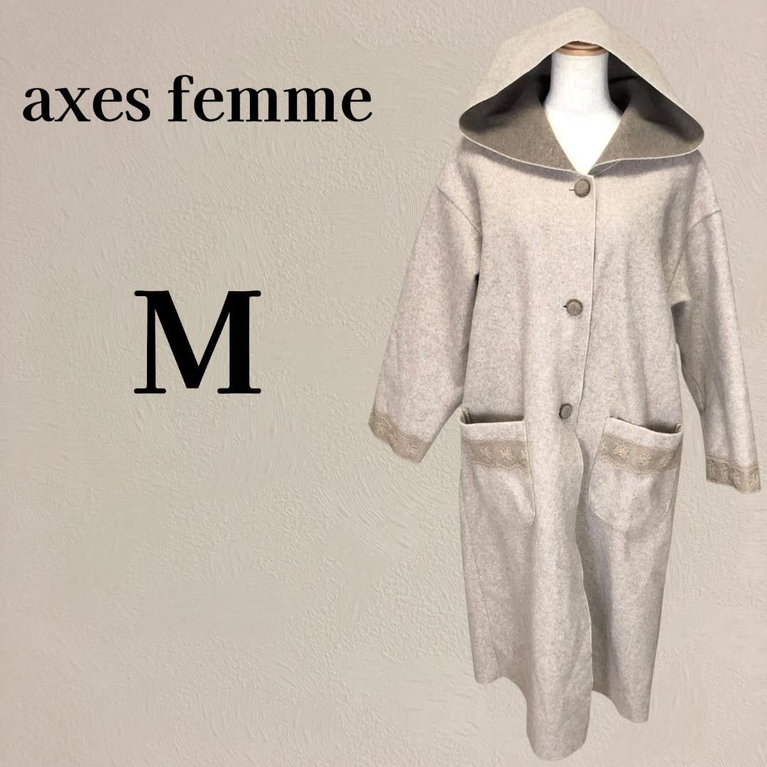 axes femme 蕾丝拼接连帽长款大衣 M 混色灰米色