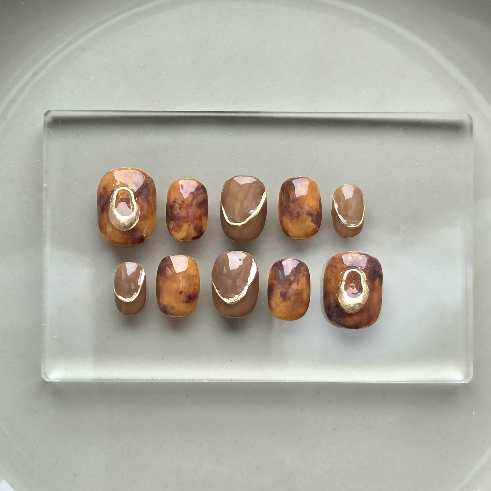 Tortoiseshell Nuance Nail Tips Autumn Winter Tortoiseshell Mocha Brown Gold Wavy 3D Nuance 【81】