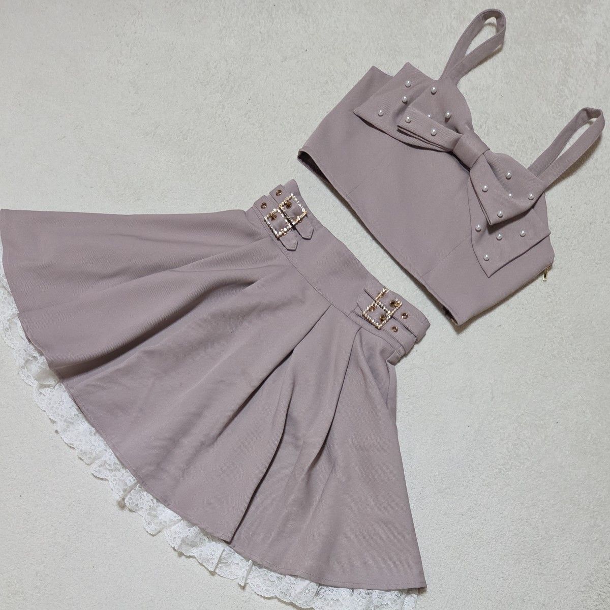 【ROJITA】罗吉塔 抹胸+迷你裙套装 珍珠蝴蝶结 蕾丝 粉色