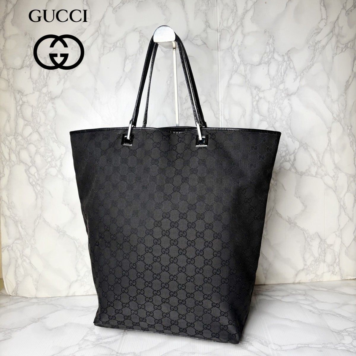 011 极美品 GUCCI 古驰 托特包 手提包 单肩 GG帆布 黑色 大容量 桶型