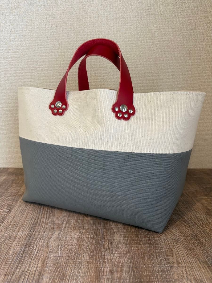 Canvas Tote Bag with Paw Print Genuine Leather Handle / Handmade