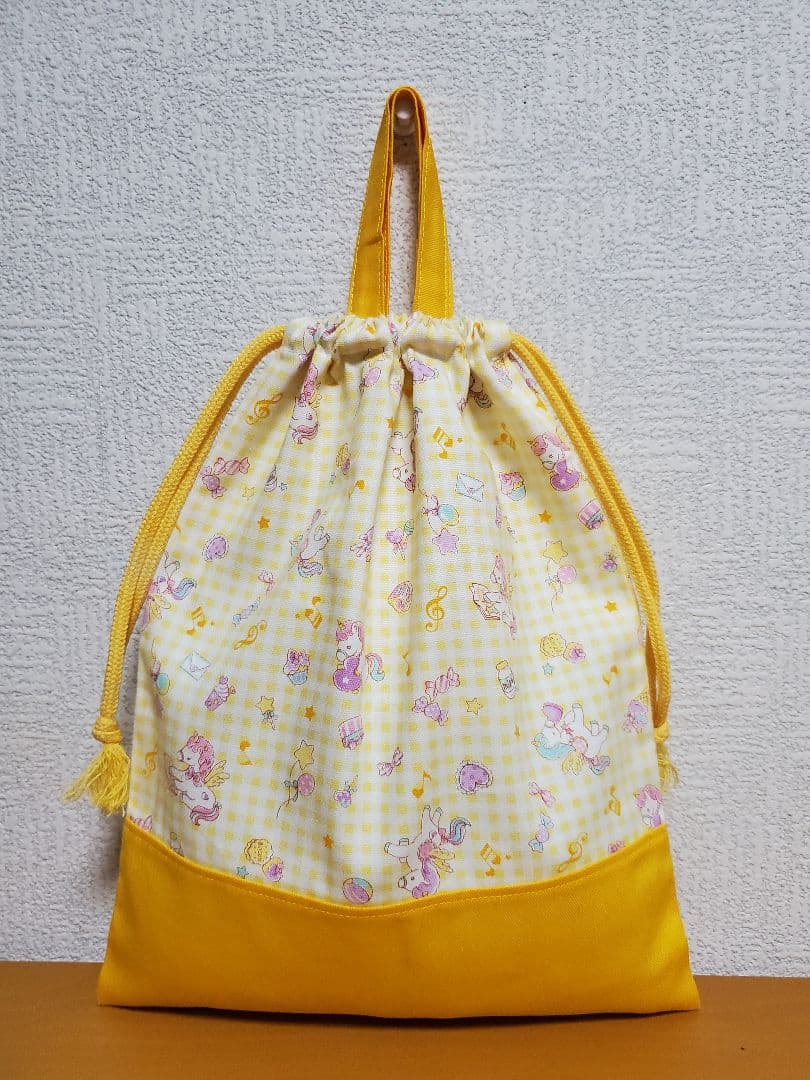Drawstring bag with handle, indoor shoes pouch, supplies bag, Y gingham check, yellow