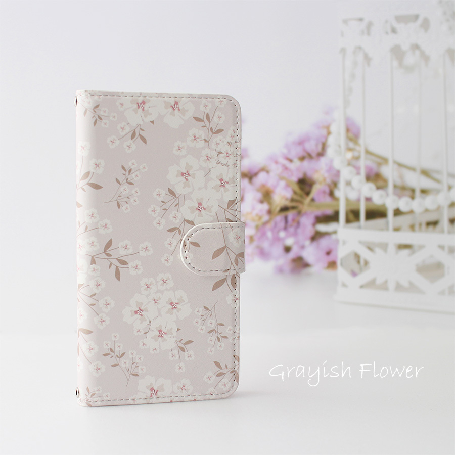 【带相机孔的手账式手机壳】灰调花卉 适用于iPhone和Android几乎全部机型