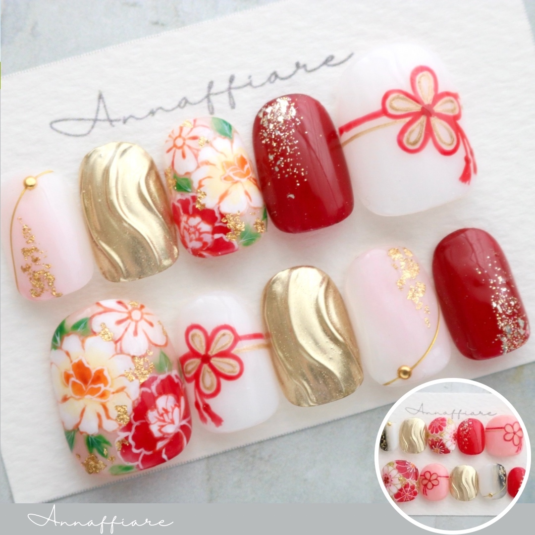 Custom Furisode Pattern♡Wafuku Nail Tips (Flower Knot) /Annaffiare Cobra Claw Coming of Age Ceremony Wafuku Japanese Pattern Kimono Yukata Iromuji