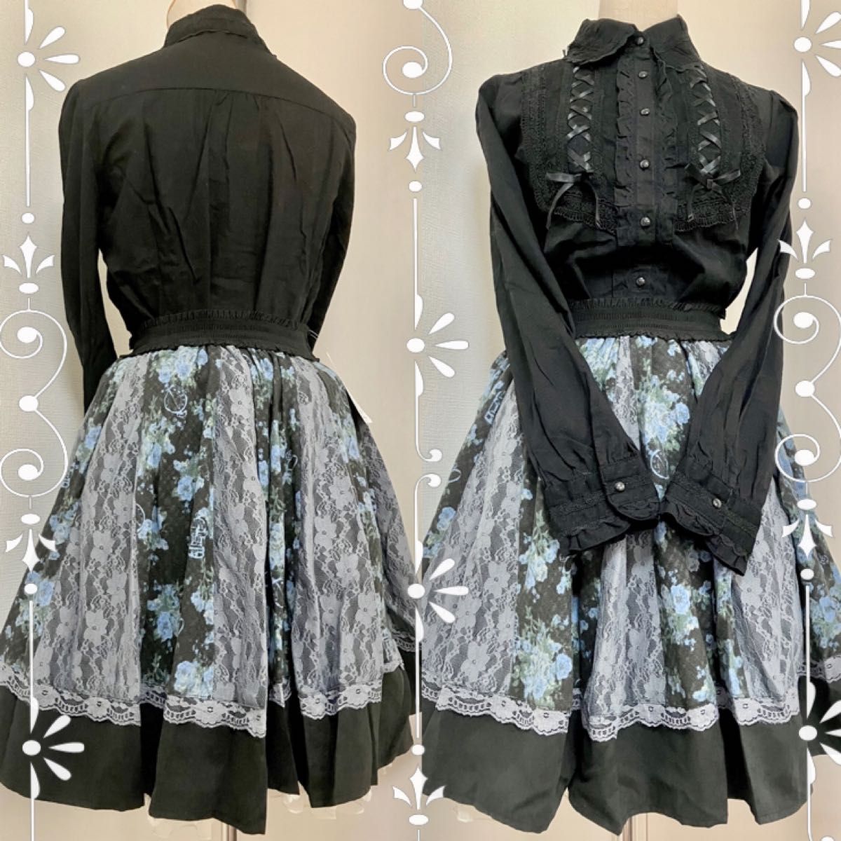 axes femme ゴシック調 レースアップブラウス＆花柄レーススカート セット
