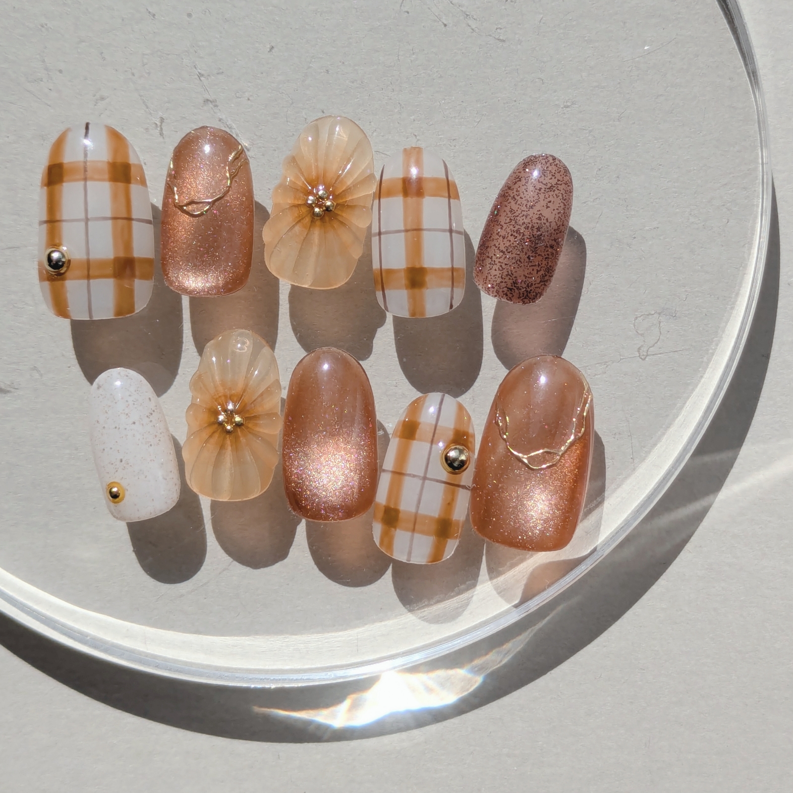 Summer Autumn Sunflower Brown x White Check Nail Press-On Nails with Puffy Flower Design