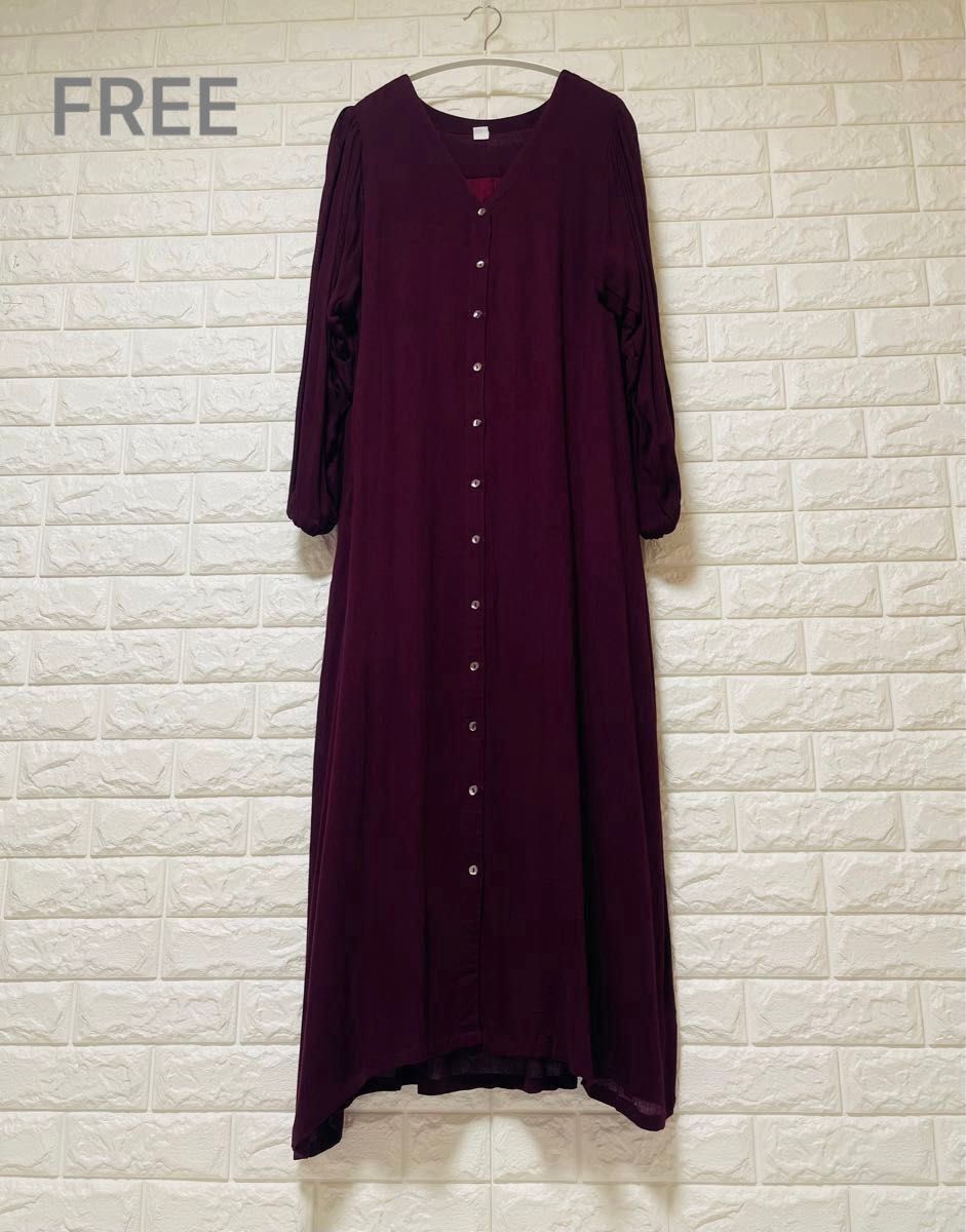 【新品】亚洲/印度风格 A字长裙 长袖 人造丝绉纱 maxi裙长 贝壳扣 纯棉里料 纯色 褶皱