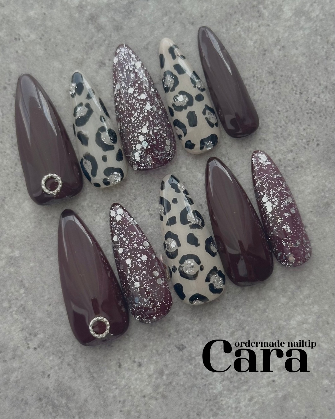 "Free 1 Type of Measuring Chip" Bordeaux Leopard Fall Winter Leopard Print Bordeaux Wine Red Glitter Silver Nail Tips Hologram Halloween