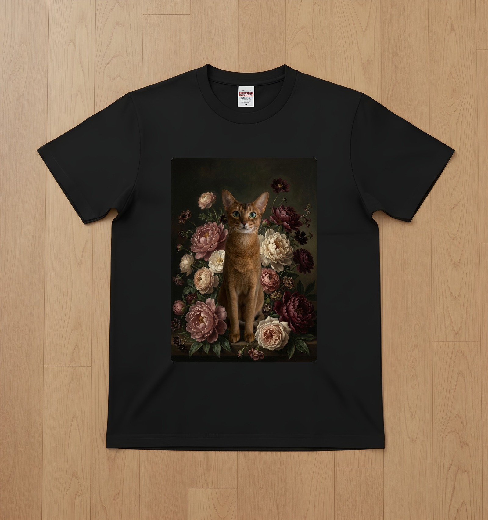 【可订制】猫 (阿比西尼亚) 短袖t恤花的油画风艺术黑色男女兼用