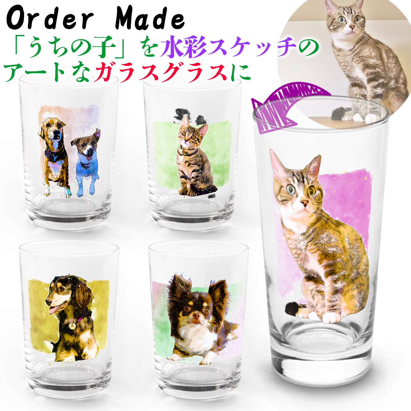 【水彩写生】把我家宝贝画进玻璃杯里 宠物 ☆定制☆ 狗 猫 鸟 爬行动物 餐具 杯子 刻字 艺术 画作 根据照片制作 礼品赠礼