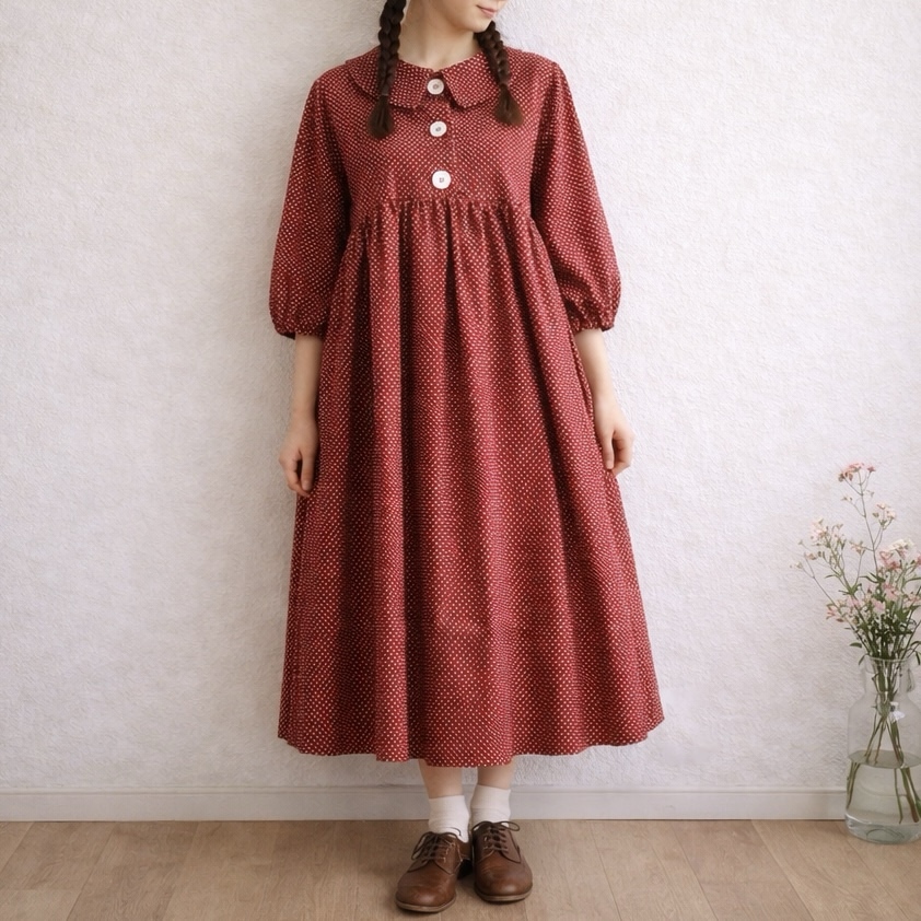 【库存1限定】红毛的安妮风复古的圆点花样连衣裙水玉乡村大人服流行的水玉春夏服七分袖