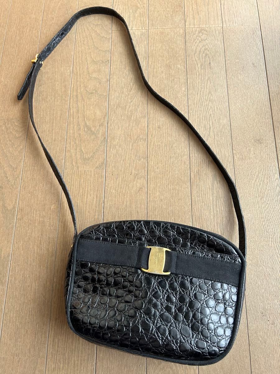 Salvatore Ferragamo Vara Ribbon Shoulder Bag, Crocodile-Embossed, Black