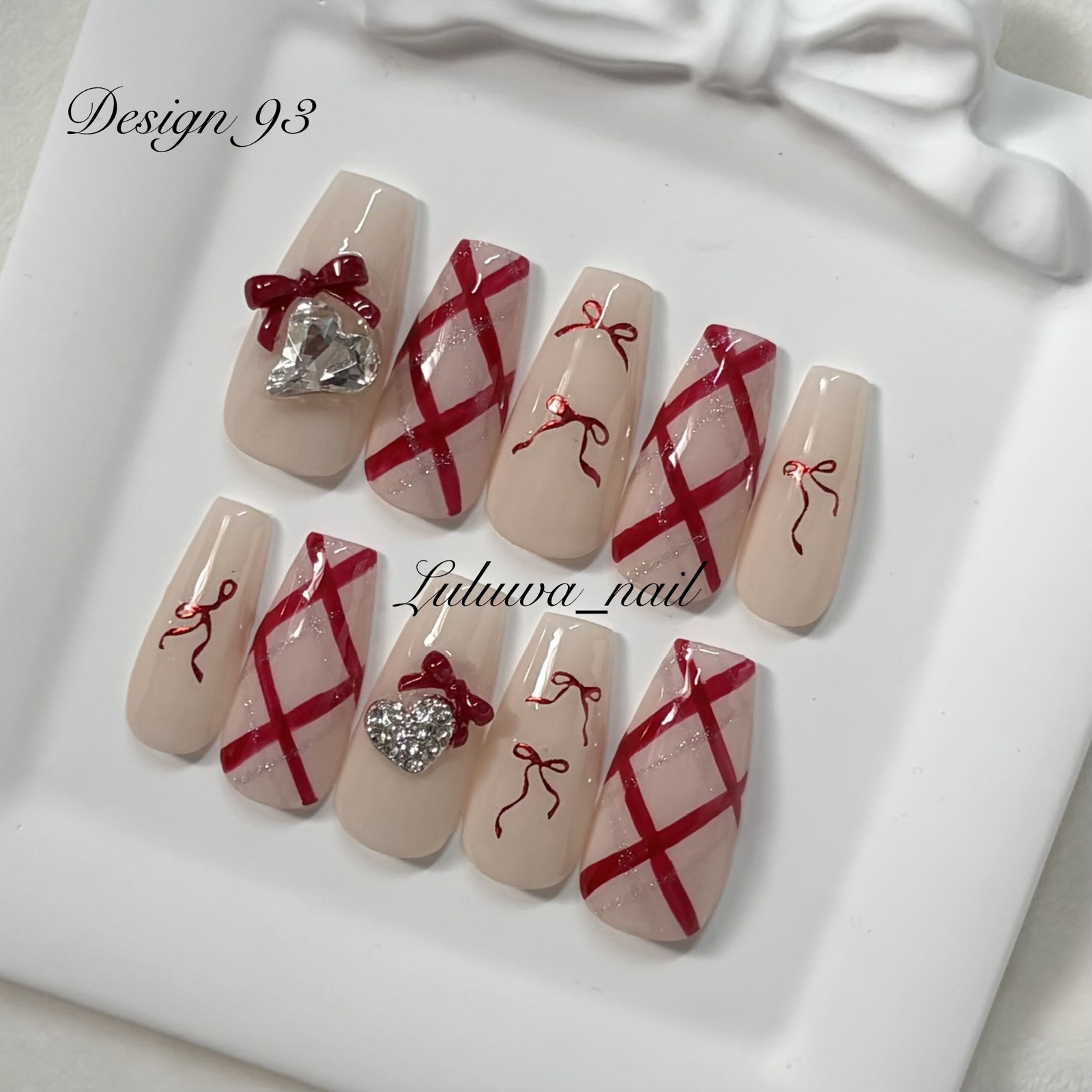 【size order] Nail tips red check ribbon one-hand nail Korean nail French gory gory nail snail type y2k