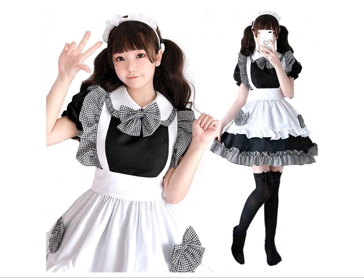女仆装 cosplay服装 格纹 带蝴蝶结 黑色 白色