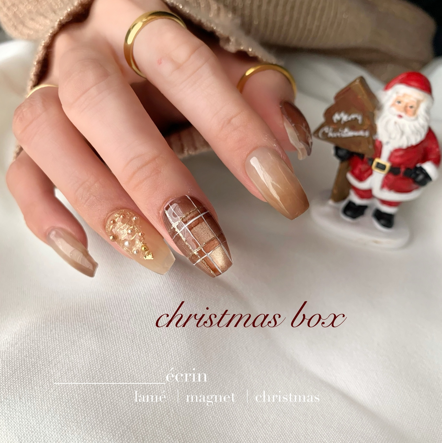 Christmas Box Nail Tips/Brown Check Magnet, Perfect for Fan Activities, Adult-Cute Winter Nails