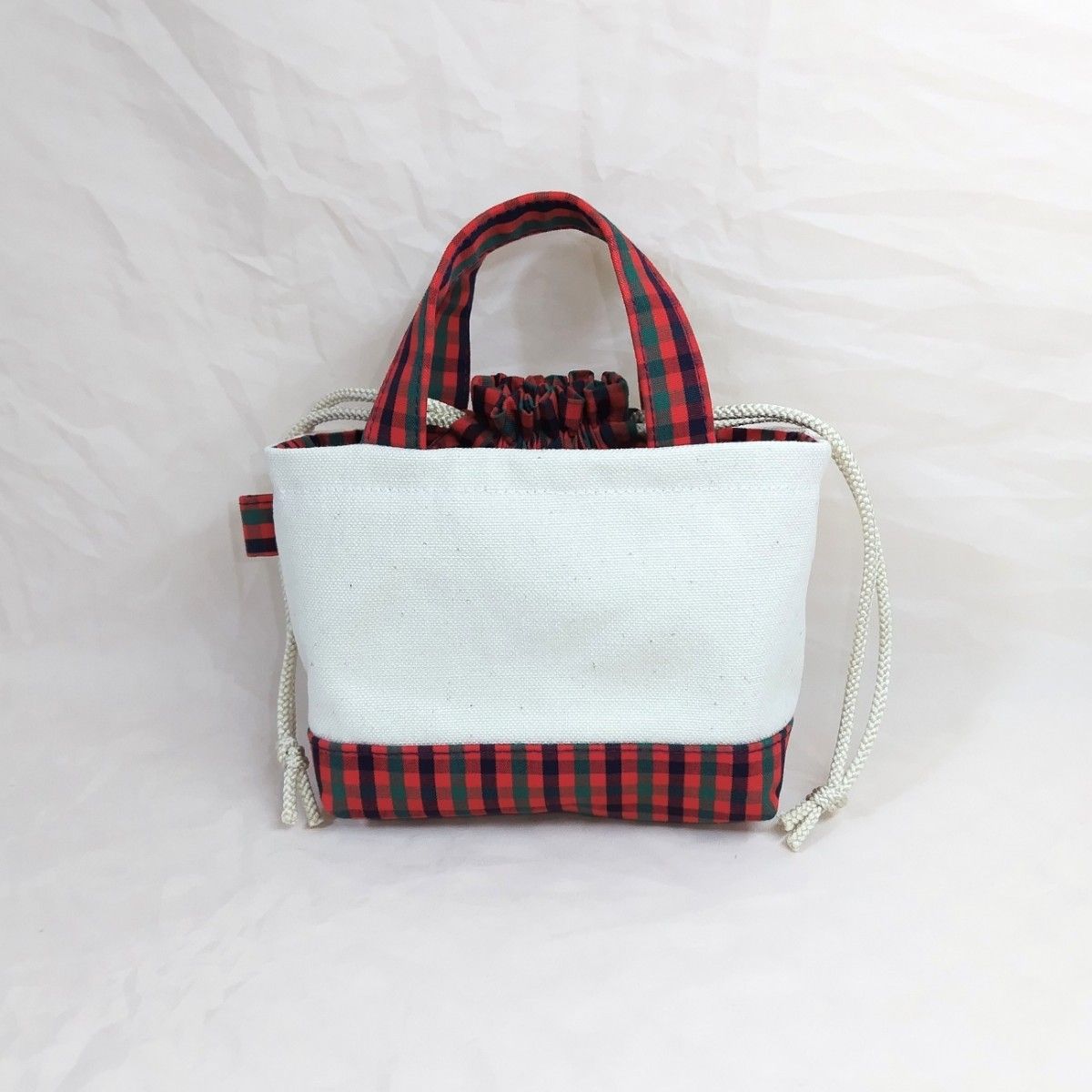 Kurashiki Canvas Mini Tote Bag Style Drawstring Pouch Red Check Handmade