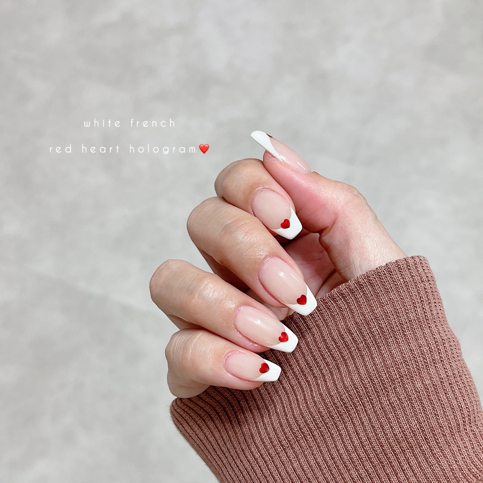 Nail Tips Heart Holo French White Pink Beige Red White TWICE Mina Girly Simple Korean