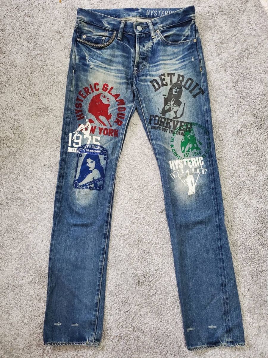 HYSTERIC GLAMOUR 异想天开魅力 拼接 破损 牛仔裤 蓝色 红色裤耳