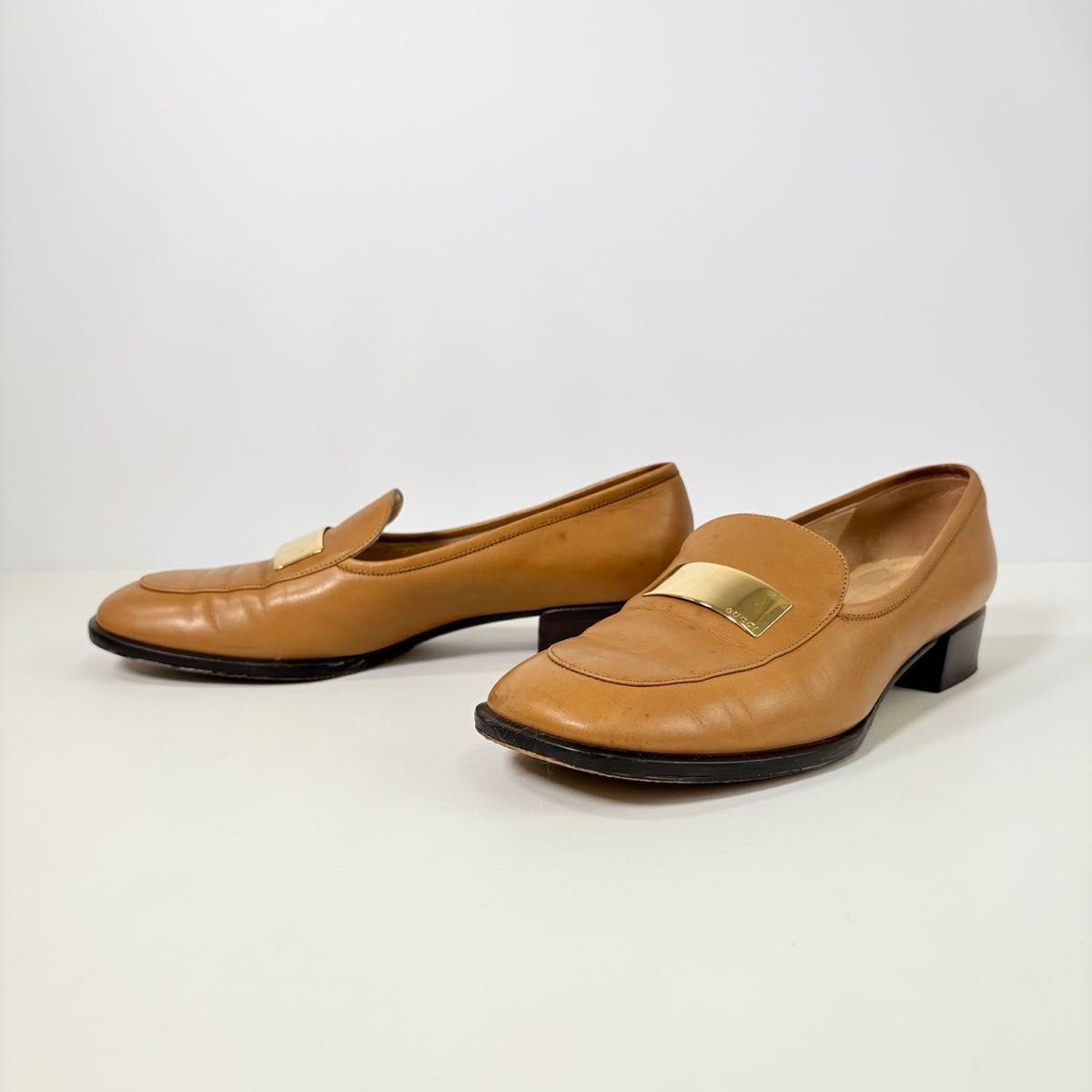 GUCCI グッチ レザー プレート パンプス ローファー キャメル イタリア製 37.5C 24.5相当