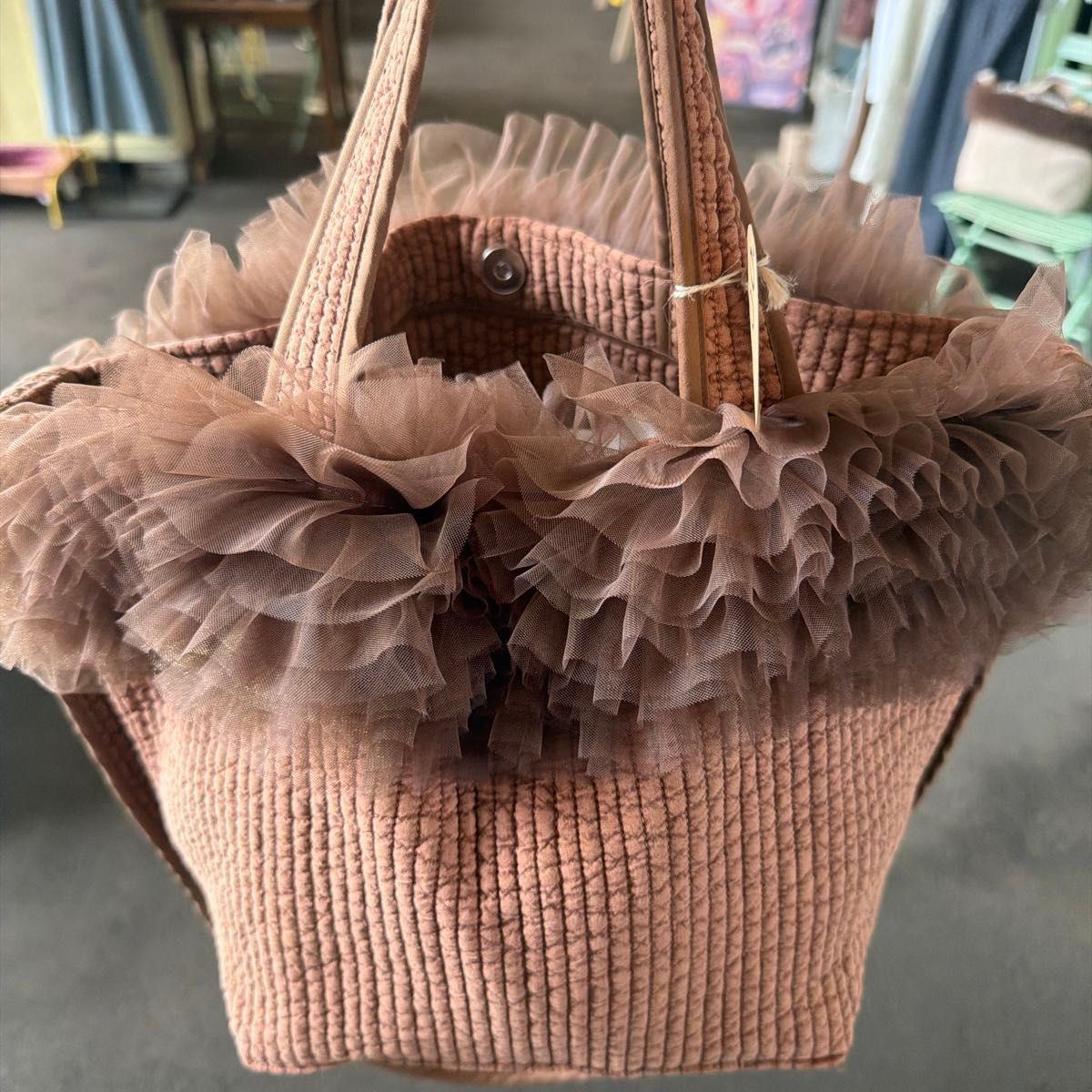 Tulle Ruffle Nubby Bag Brown Tote Bag