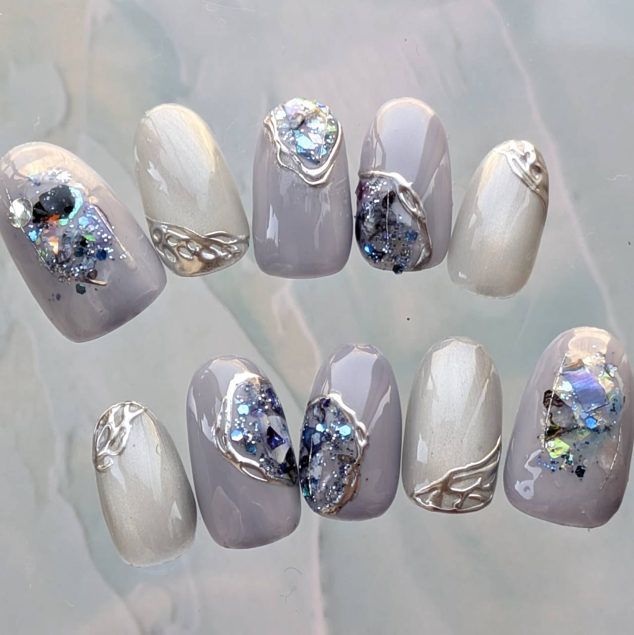 Popular! Blue-gray holographic nail tips