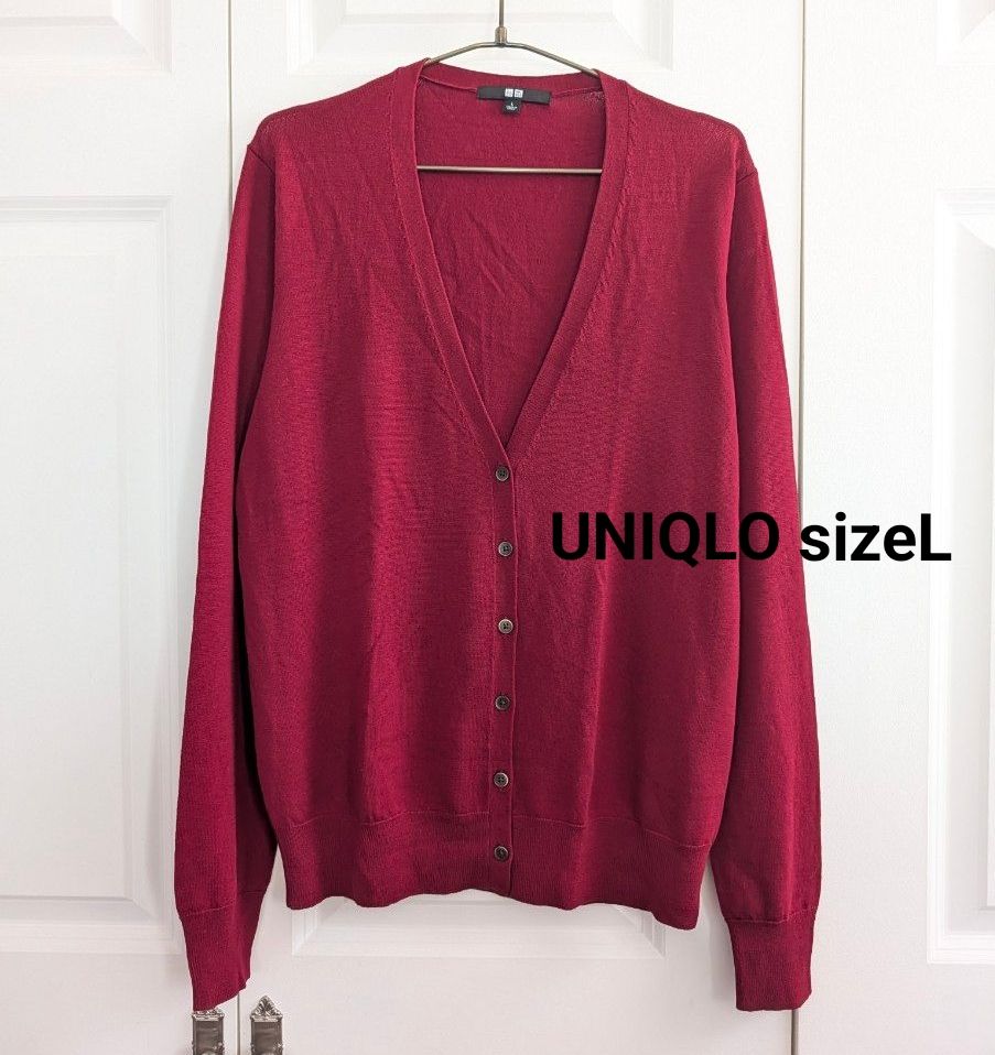 UNIQLO L码 羊毛开衫 长袖 酒红色 栗色 纯色 简约