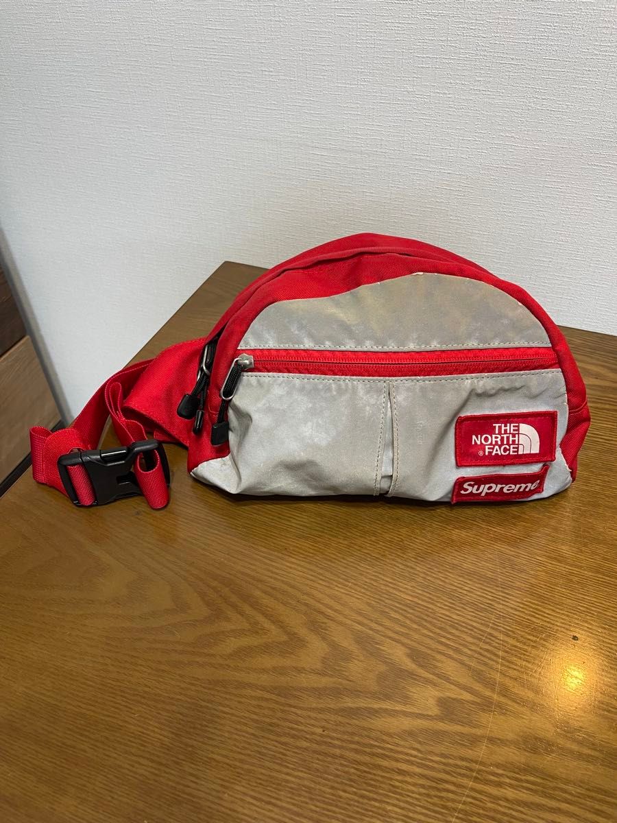 已鉴定正品 Supreme × THE NORTH FACE 联名腰包 红色 银色