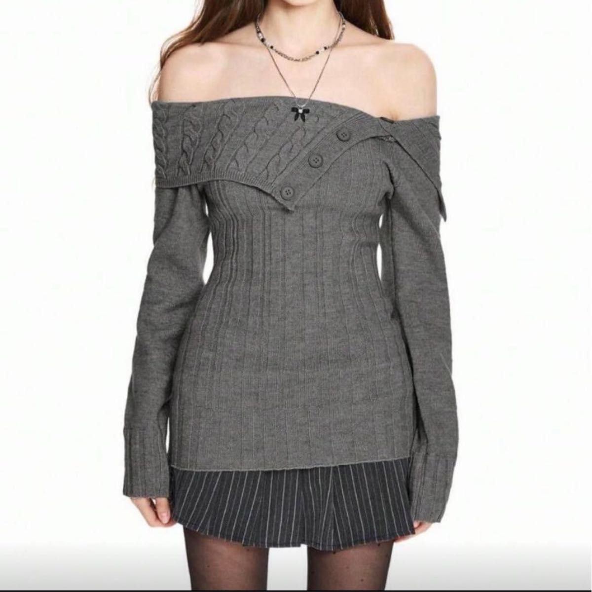 SHEIN 针织连衣裙 灰色 肩部露肩 针织 灰色 罗纹针织