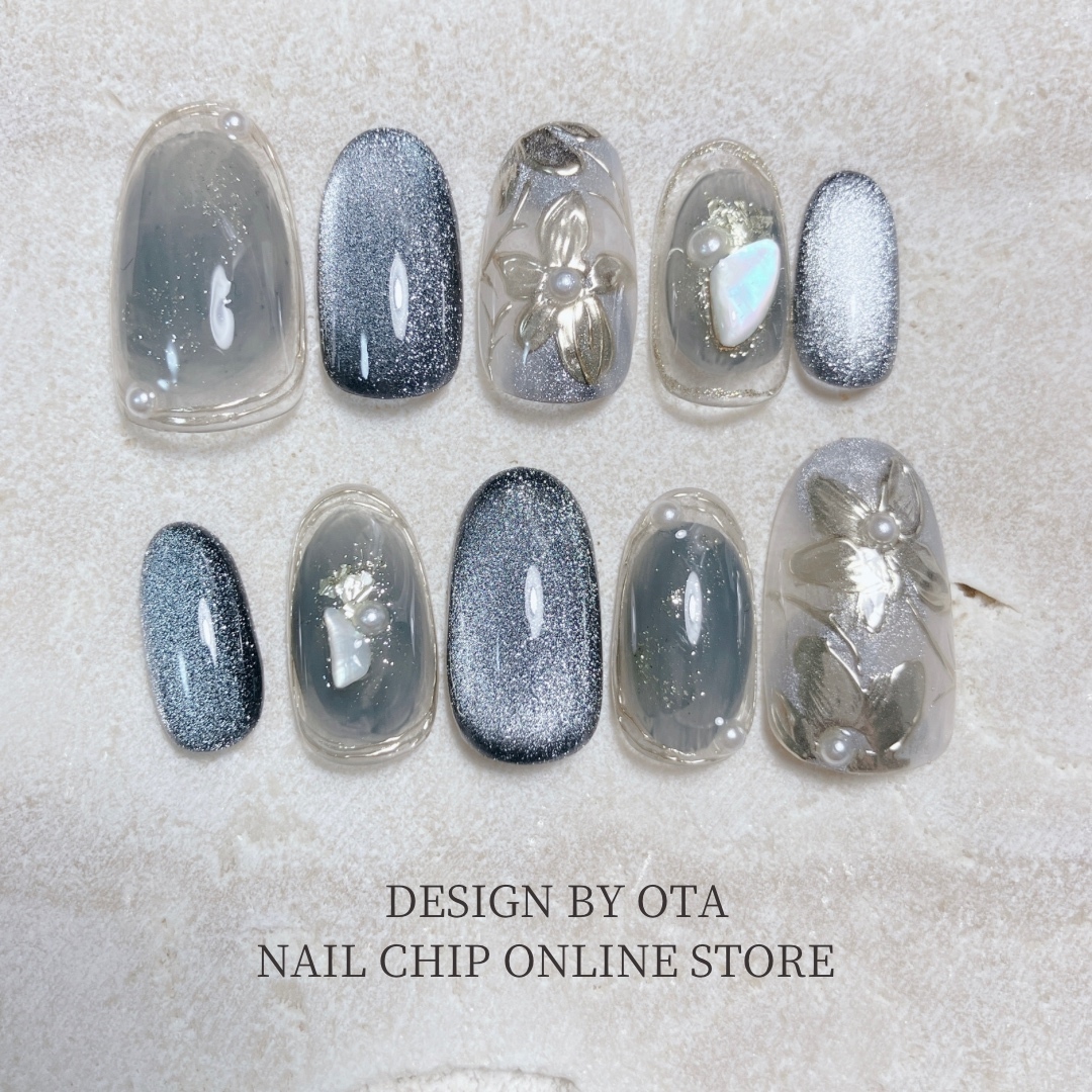 [Silence] Nail Tips, Navy Blue, Flower Design, Magnetic Nails—Perfect for Graduation Ceremonies, Hakama Outfits, Coming-of-Age Day, and Furisode Kimonos