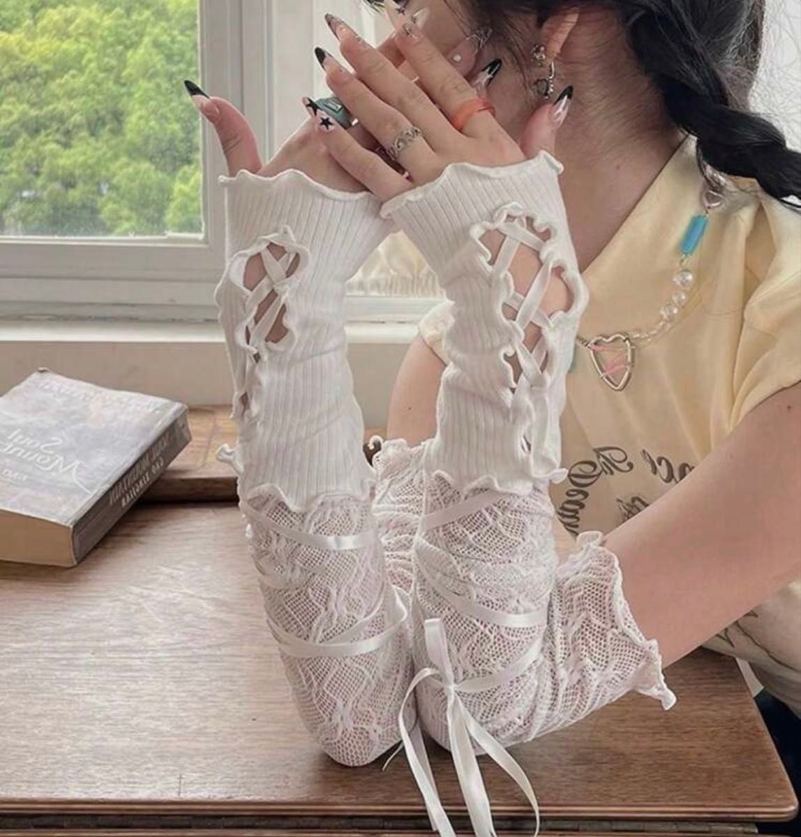 系带臂套 白色 编织 蝴蝶结 蕾丝 地雷系
