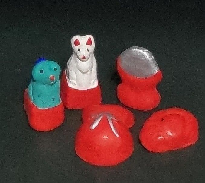 Vintage Small Clay Figurines Set of 4 - Inari, Komainu, Lucky Folk Crafts Souvenirs