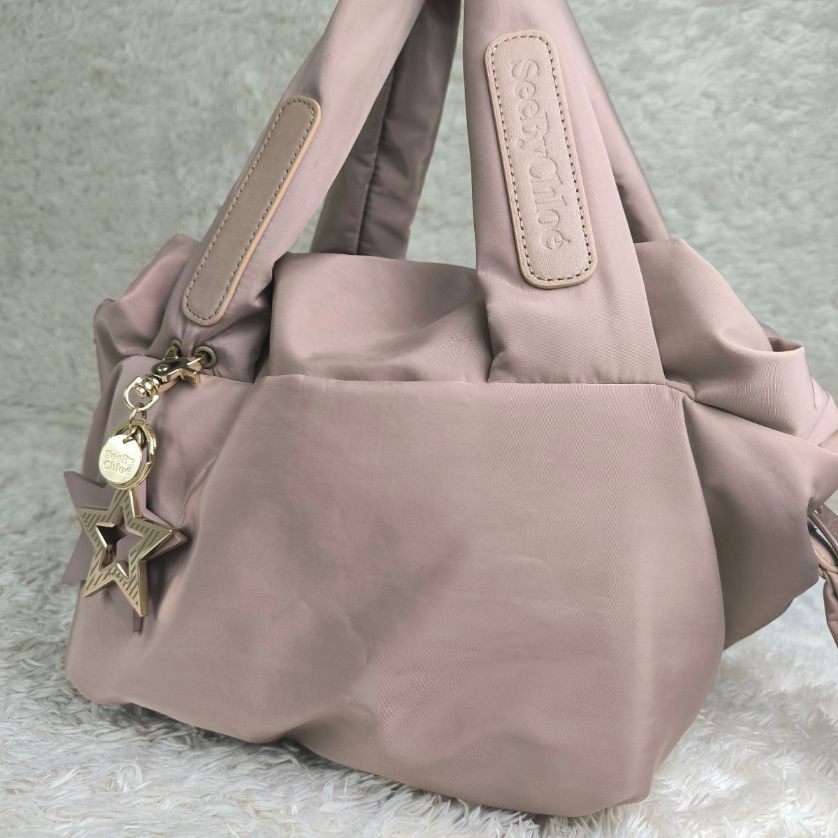 【Good Condition】SeeByChloe Joy Rider Tote Bag with Star Charm, Pink SeeByChloe Nylon, Pink Beige