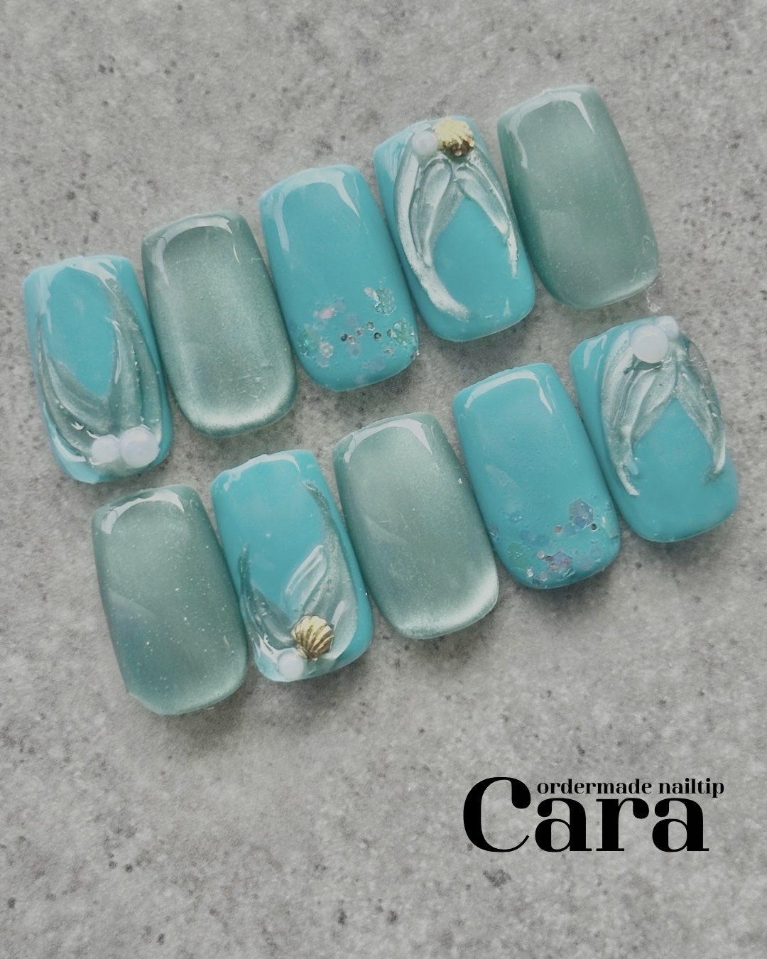 《Free One Measuring Chip》Aqua Siren Summer Nail Ocean Blue Vivid Color Mermaid Tail Mermaid Nail Seashell Magnet Nail Sparkle
